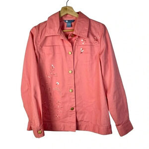 Koret Salmon Pink Embroidered Button Down Denim Jacket S